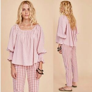 HUNTER BELL Lucia Rosette Check Scoop Blouse Pink White Size Large LIKE NEW